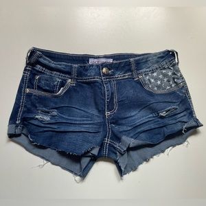 Almost Famous Women's Jean Shorts Daisy Dukes  American Print on Pocket Size 7